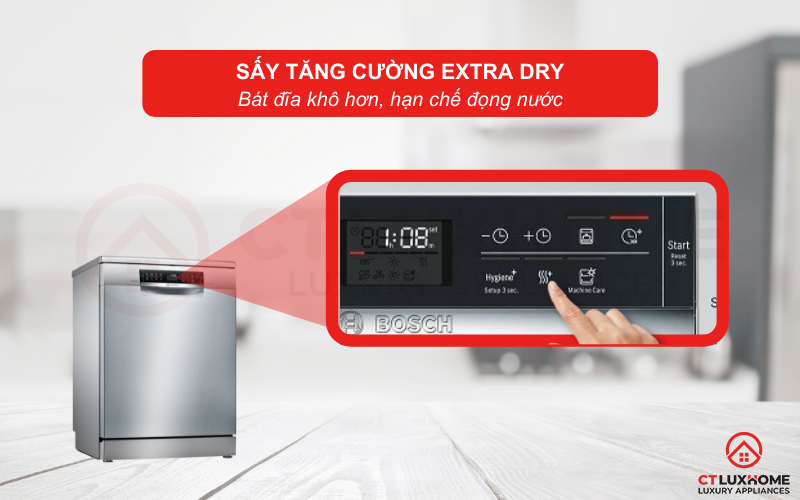 Sấy tăng cường Extra Dry cho bát đĩa khô hơn, hạn chế đốm trắng