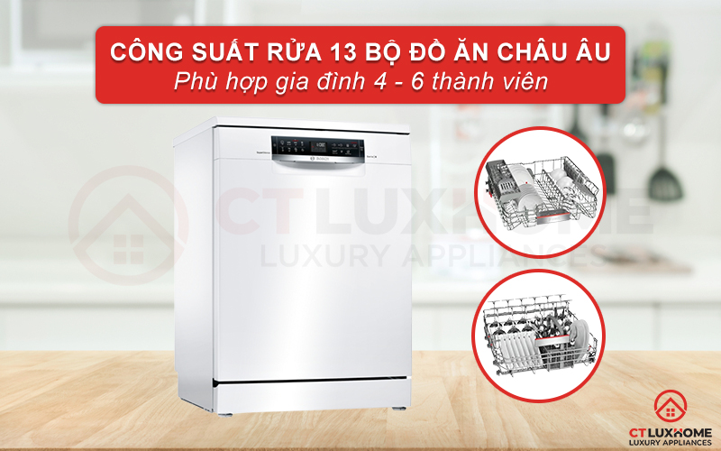 Công suất rửa của máy rửa bát Bosch SMS68PW01E tối đa là 13 bộ