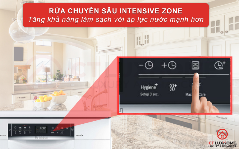 Tính năng Intensive Zone tăng áp lực rửa giàn dưới cùng của máy rửa bát Bosch SMS68PW01E