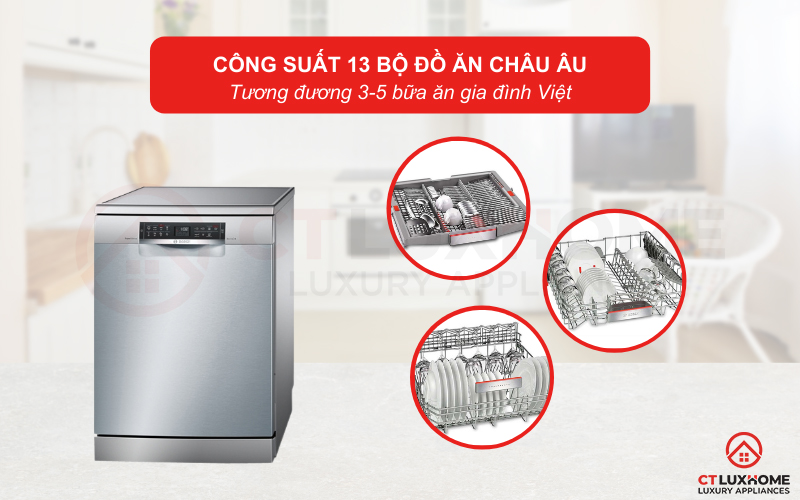 Công suất rửa có thể đạt tối đa 13 bộ đồ ăn Châu Âu