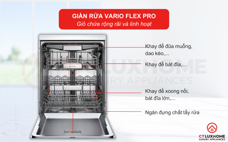 Giàn rửa VarioFlex Pro to, rộng giúp tối ưu được không gian xếp bát