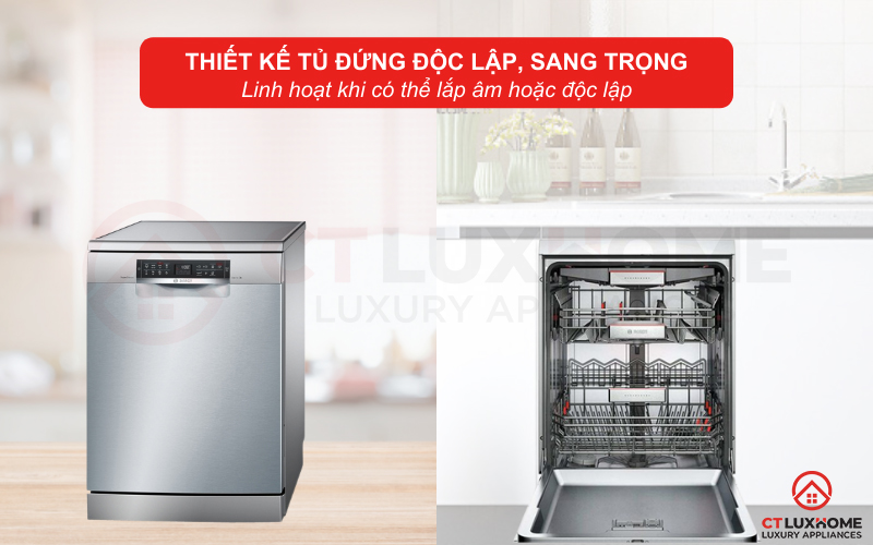 Máy rửa bát Bosch SMS68TI02E có kiểu dáng độc lập sang trọng và thẩm mỹ