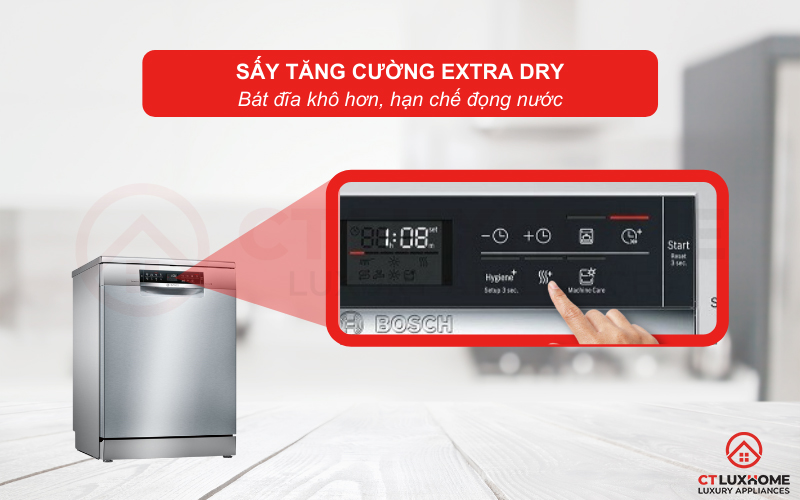 Sấy tăng cường Extra Dry cho bát đĩa khô hơn, hạn chế đốm trắng