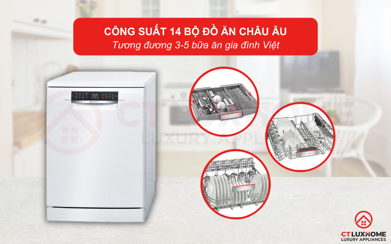 Công suất rửa có thể đạt tối đa 14 bộ đồ ăn Châu Âu.