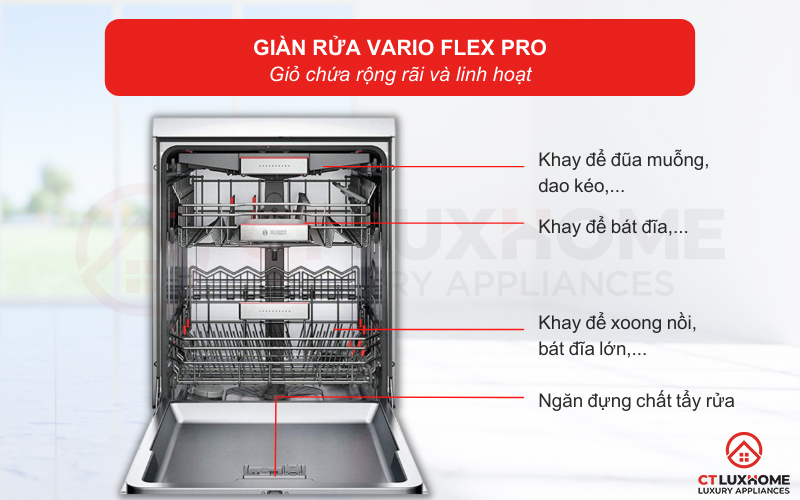 Giàn rửa VarioFlex Pro to, rộng giúp tối ưu được không gian xếp bát