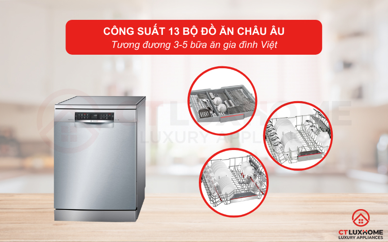 Công suất rửa của Máy rửa bát Bosch SMS68UI02E tối đa là 13 bộ đồ ăn Châu  u.