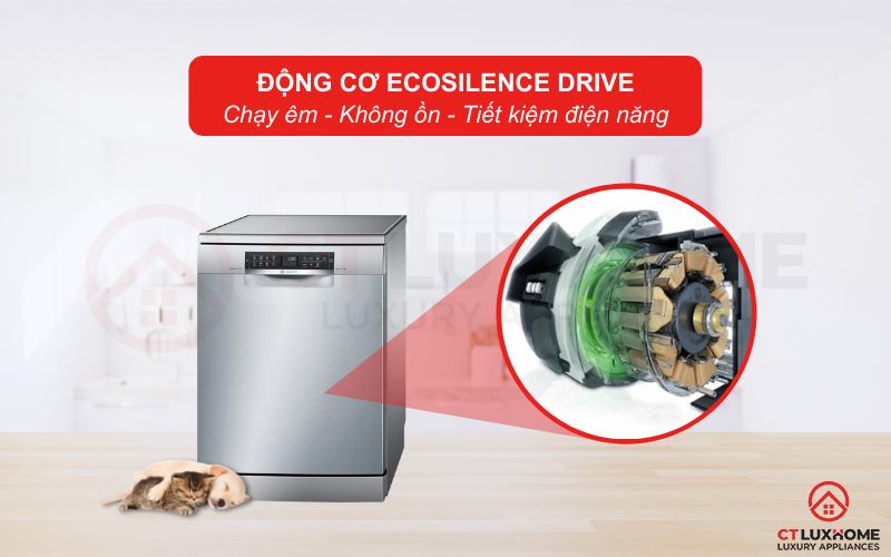 Độ ồn của Máy rửa bát Bosch SMS68UI02E Serie 6  ở mức 42dB nhờ động cơ EcoSilence Drive.
