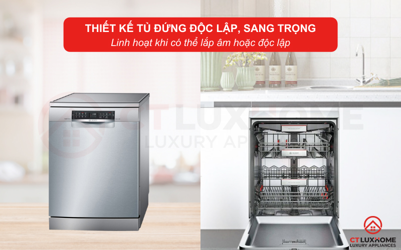 Máy rửa bát Bosch SMS68UI02E linh hoạt khi có thể lắp âm hoặc độc lập.