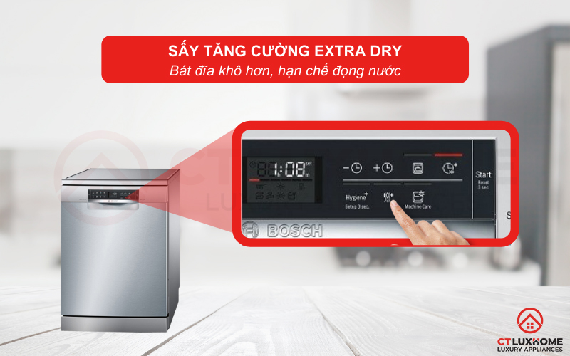Extra Dry làm tăng cường khả năng bay hơi, giảm độ bám dính của nước trên bề mặt của xoong nồi, bát đĩa