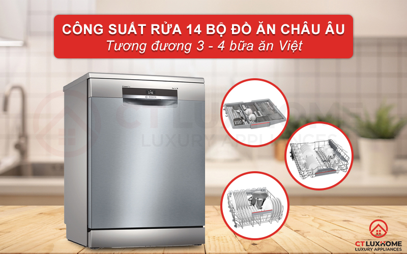 Máy rửa chén Bosch SMS6ECI07E có thể rửa tối đa lên đến 14 bộ đồ ăn châu Âu.