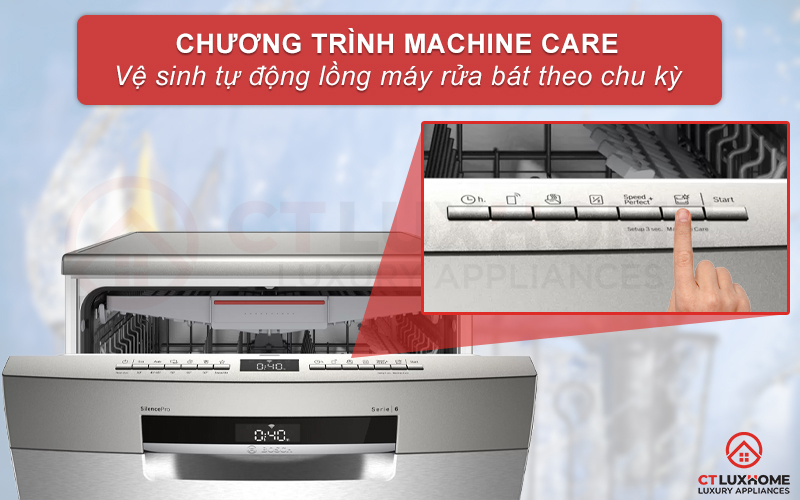 Lựa chọn tính năng Machine Care khi cần tự động vệ sinh máy rửa bát Bosch SMS6ECI07E.