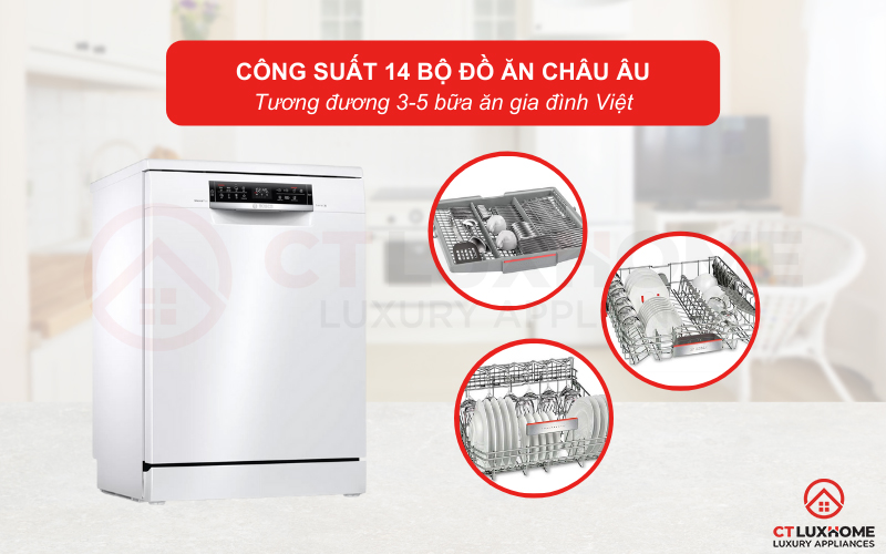 Công suất rửa của Máy rửa bát Bosch SMS6ECW57E có thể đạt tối đa 14 bộ đồ ăn.