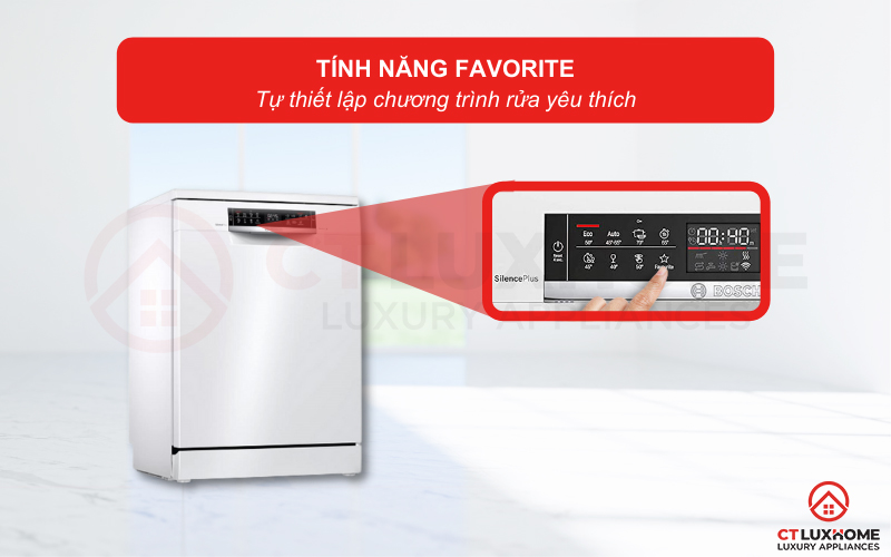 Máy rửa bát Bosch SMS6ECW57E cho phép bạn tự thiết lập chương trình rửa yêu thích với nút Favourite