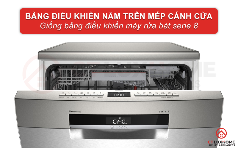 Vị trí bảng điều khiển máy rửa bát độc lập SMS6EDI06E giống máy rửa bát Bosch serie 8.