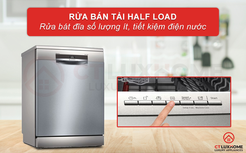 Lựa chọn rửa nửa tải Half Load khi số lượng bát đĩa ít.