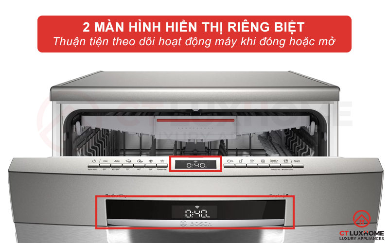 Máy rửa chén Bosch serie 6 SMS6ZCI08E sở hữu lên tới 2 màn hình hiển thị riêng biệt
