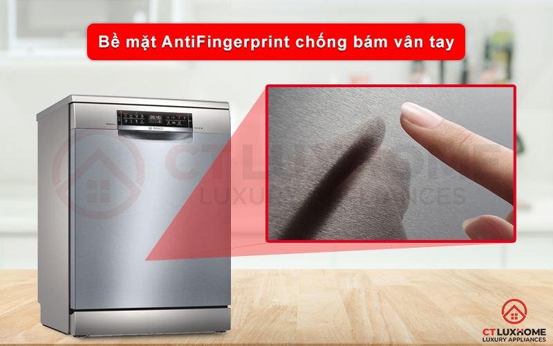 Máy rửa chén Bosch SMS6ZCI42E serie 6 được phủ một lớp bề mặt AntiFingerprint chống bám vân tay.