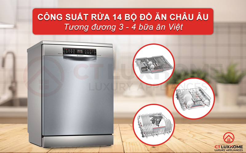 Công suất rửa của máy rửa bát Bosch SMS6ZCI42E có thể đạt tối đa 14 bộ.
