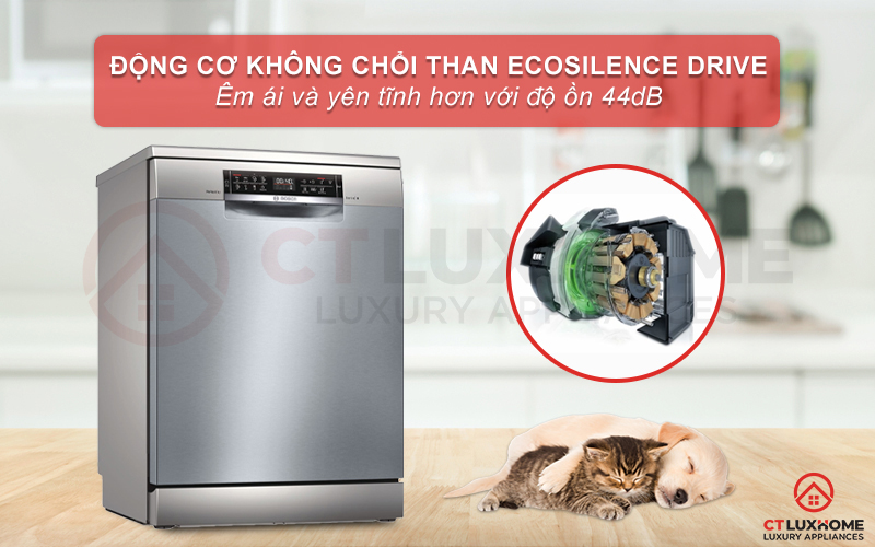 Động cơ không chổi than EcoSilence Drive giúp máy vận hành êm ái ở độ ồn 44dB.