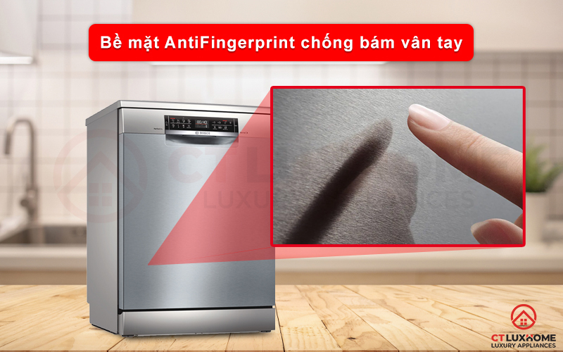 Máy rửa chén Bosch độc lập SMS6ZCI49E được phủ một lớp chống bám vân tay AntiFingerprint trên bề mặt.