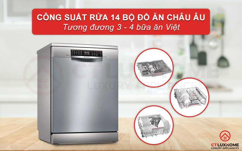 Máy rửa bát Bosch SMS6ZCI49E có thể rửa tối đa lên đến 14 bộ đồ ăn châu Âu.
