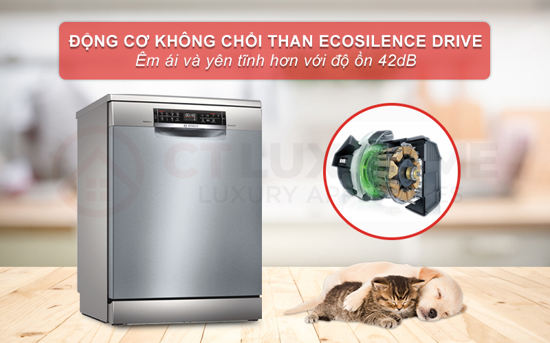 Động cơ EcoSilence Drive giúp máy rửa bát Bosch SMS6ZCI49E vận hành êm ái hơn.