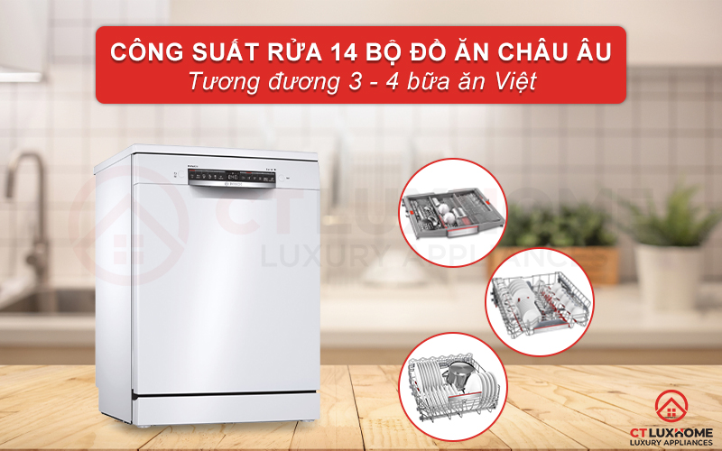 Dung tích chứa lớn, công suất rửa lên đến 14 bộ phục vụ nhu cầu gia đình 4 - 6 người