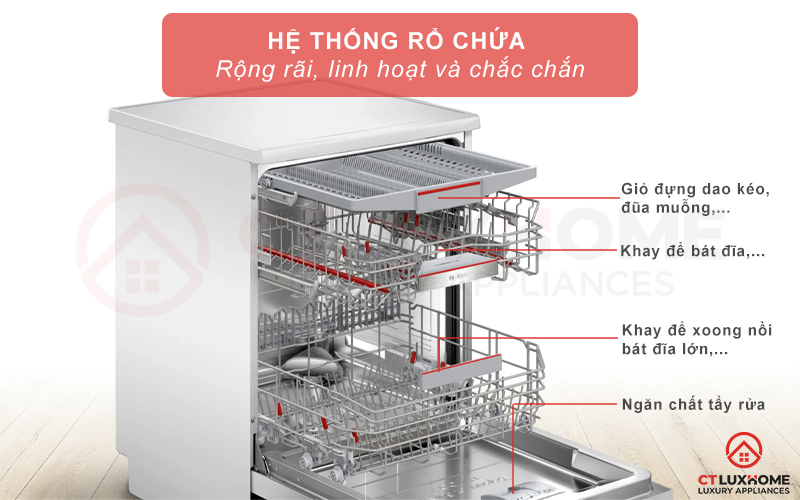 Máy rửa bát Bosch SMS6ZCW07E được thiết kế hệ thống MaxFlex 3 giàn linh hoạt