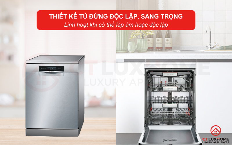 Người dùng có thể lựa chọn lắp âm hoặc độc lập cho máy rửa bát Bosch SMS88TI01E.