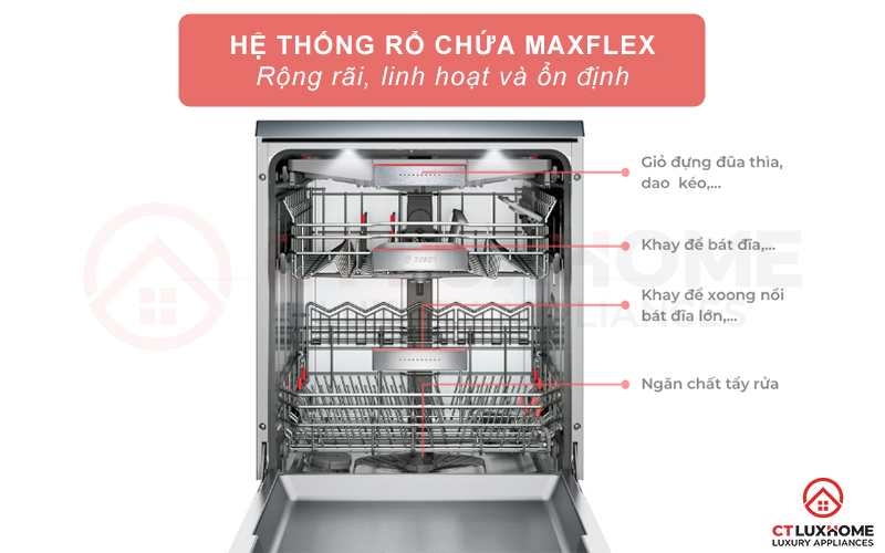 Hệ thống giỏ chứa MaxFlex giúp không gian bên trong máy rộng rãi hơn