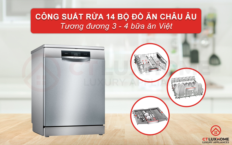 Máy rửa chén Bosch SMS88TI40M có thể rửa tối đa 14 bộ đồ ăn châu Âu