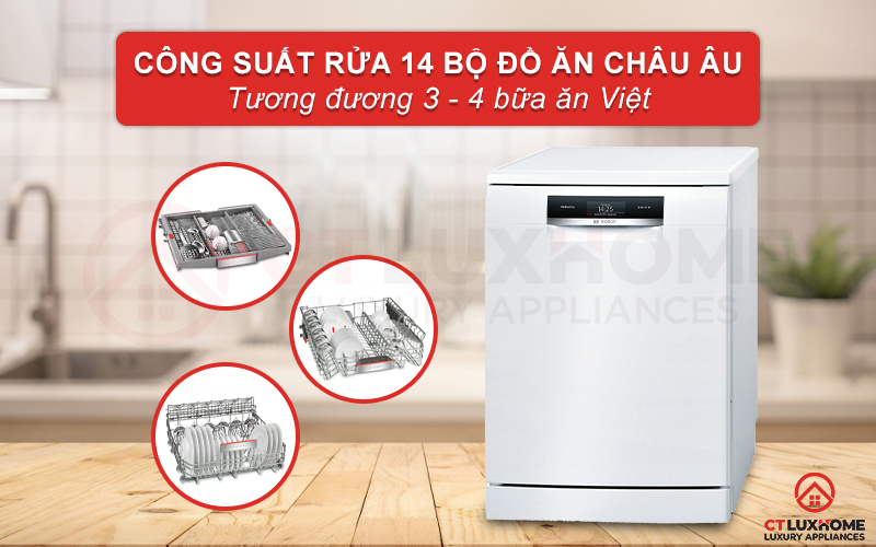 Công suất rửa của máy rửa bát Bosch SMS88TW02M có thể đạt tối đa 14 bộ đồ ăn.