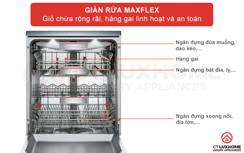 Giàn chứa MaxFlex rộng rãi và linh hoạt với các hàng gai.