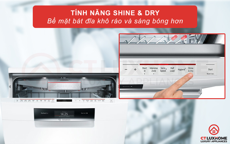 Tính năng Shine & Dry giúp bát đĩa khô ráo và sáng bóng hơn.