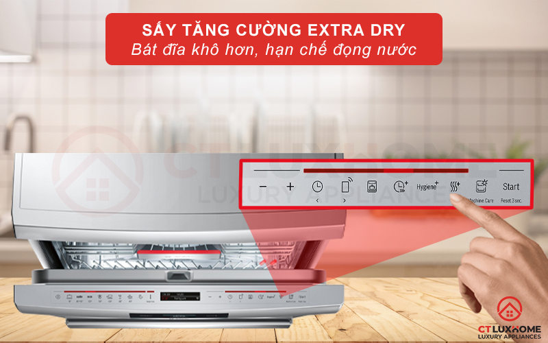 Sấy tăng cường Extra Dry cho bát đĩa khô hơn, hạn chế đốm trắng