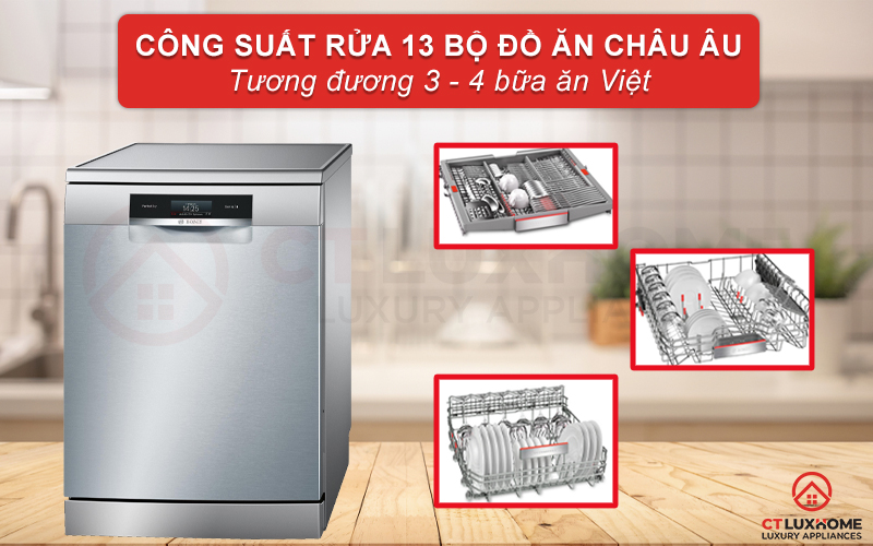 Dung tích chứa lớn, công suất rửa tối đa của máy rửa bát Bosch SMS88UI36E là 13 bộ