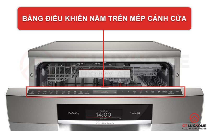 Bảng điều khiển cảm ứng TouchControl được bố trí ở phần mép trên của cánh cửa máy