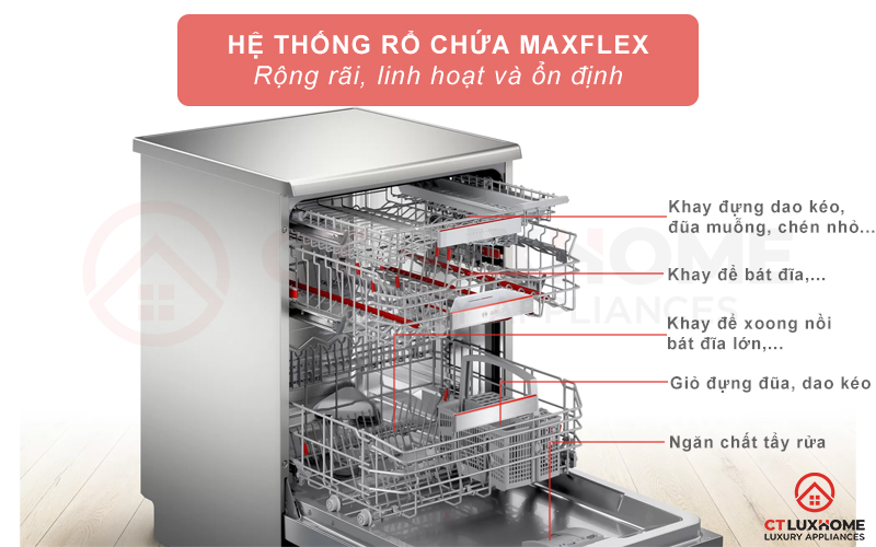 Máy rửa chén Bosch SMS8ZDI48M serie 8 được thiết kế hệ thống giàn MaxFlex linh hoạt rộng rãi