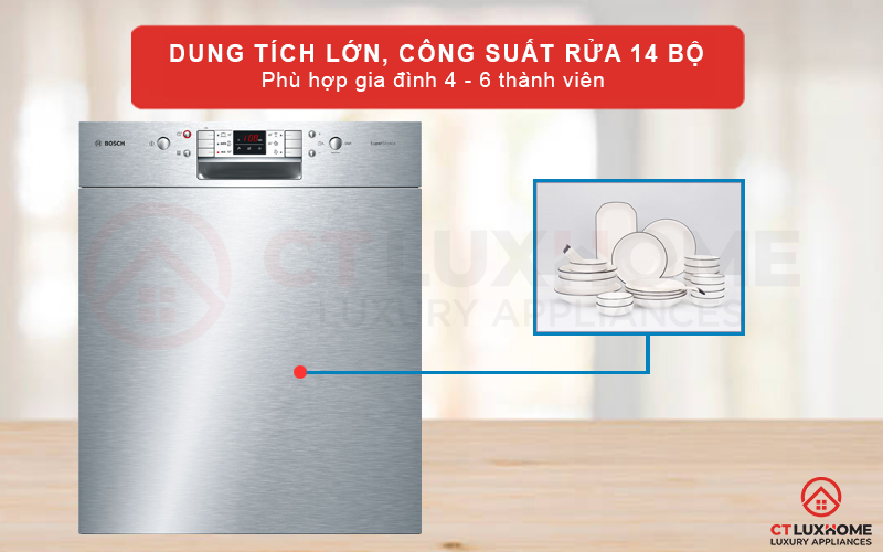 Dung tích chứa lớn với công suất rửa tối đa 14 bộ đồ ăn châu u phù hợp với những gia đình đông thành viên
