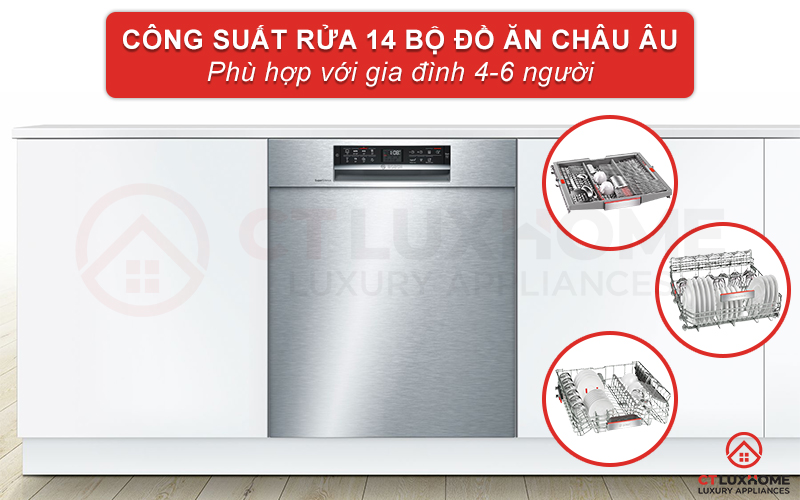 Máy rửa chén Bosch SMU68TS02E Serie 6 có thể rửa tối đa 14 bộ đồ ăn châu Âu