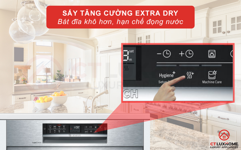 Tính năng sấy tăng cường Extra Dry trên máy rửa chén Bosch SMU68TS02E