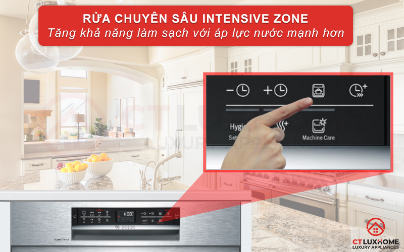 Tính năng Intensive Zone tăng áp lực rửa giàn dưới cùng của máy rửa bát Bosch SMU68TS02E