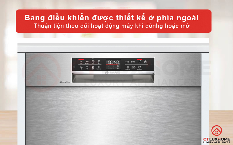 Bảng điều khiển máy rửa bát Bosch SMU6ECS57E serie 6 đang trang bị ngay phía ngoài tiện lợi