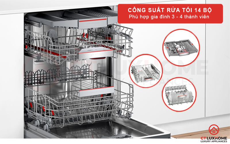 Máy rửa bát Bosch SMU6ECS57E phù hợp với gia đình 4 - 6 người nhờ công suất rửa 14 bộ đồ ăn