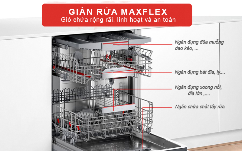 Giàn rửa MaxFlex có thiết kế thông minh giúp tăng dung tích chứa đồ 