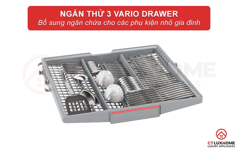 Ngăn thứ 3 Vario Drawer hỗ trợ chứa các phụ kiện nhỏ trong máy rửa bát Bosch SMU6ECS57E 