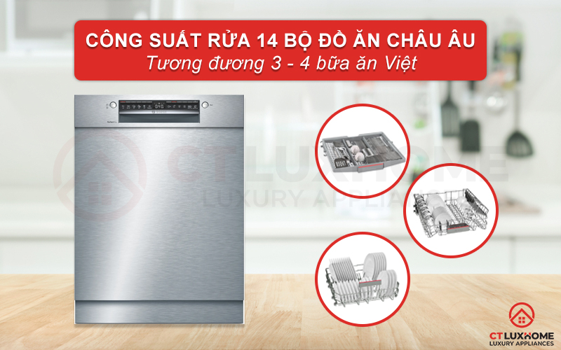 Dung tích chứa lớn, công suất rửa tối đa 14 bộ phục vụ gia đình 4 - 6 người