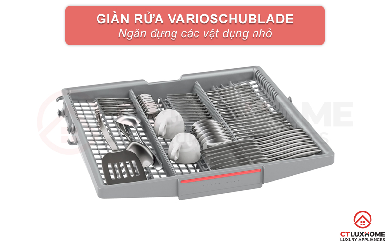 Máy rửa bát SMU6ZCS00E được thiết kế giàn 3 Vario Schublade có thể để các vật dụng nhỏ