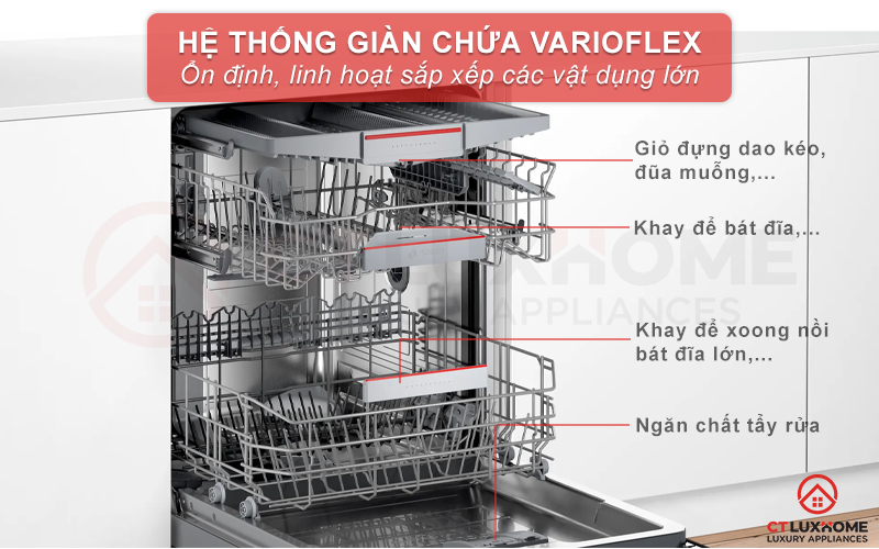Hệ thống giỏ chứa VarioFlex rộng rãi có thể linh hoạt xếp các vật dụng có kích thước khác nhau