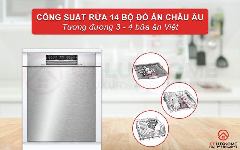 Máy rửa bát Bosch SMU6ZCS52S dung tích chứa lớn, công suất rửa 14 bộ đồ Châu Âu